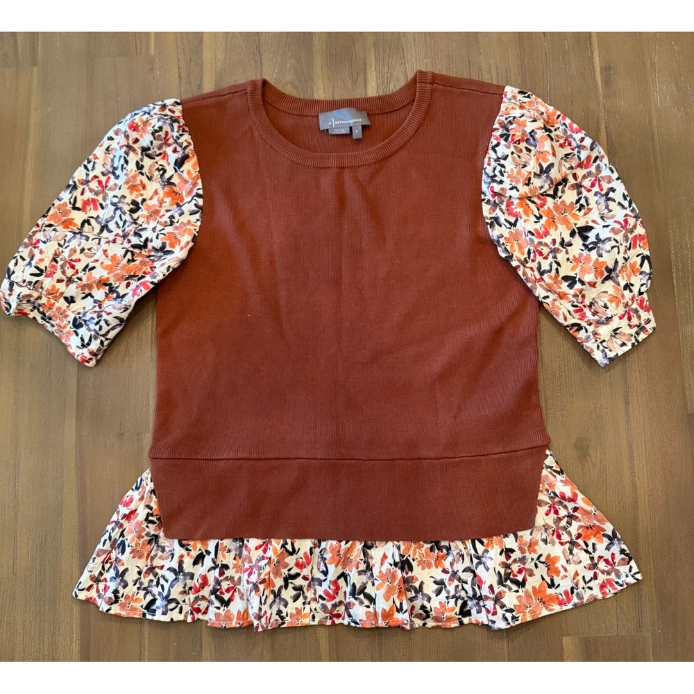 Anthropologie Rust Brown Floral Puff Sleeve Peplum Knit Top Small Mixed Media